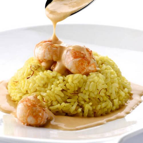 Safran-Risotto mit Kaisergranat an Sauce Nantua, begleitet von Kwak